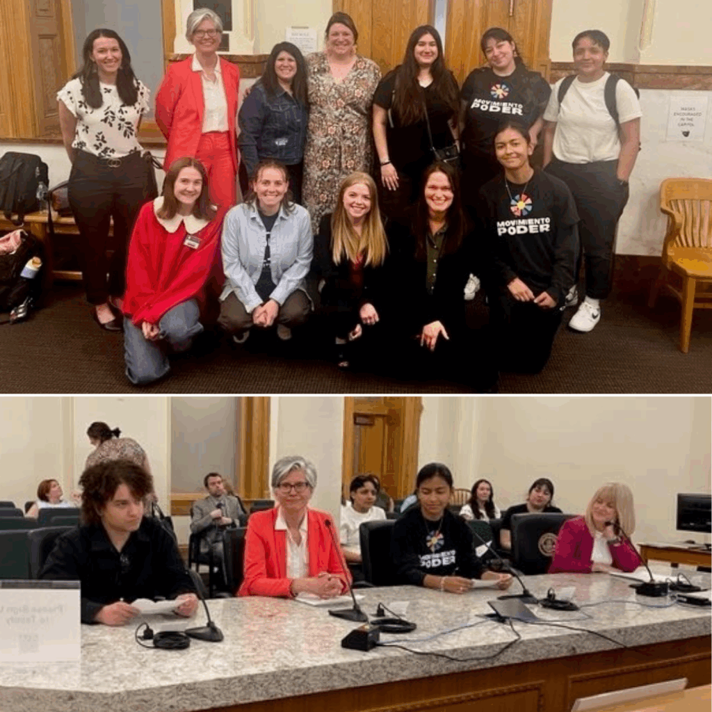 Collage of two images of Provecho and other local nonprofits at the capitol giving testimony to advance a bill