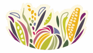 Abundance part of Provecho Collective's logo - illustration of corns, been, squash, and other grown food