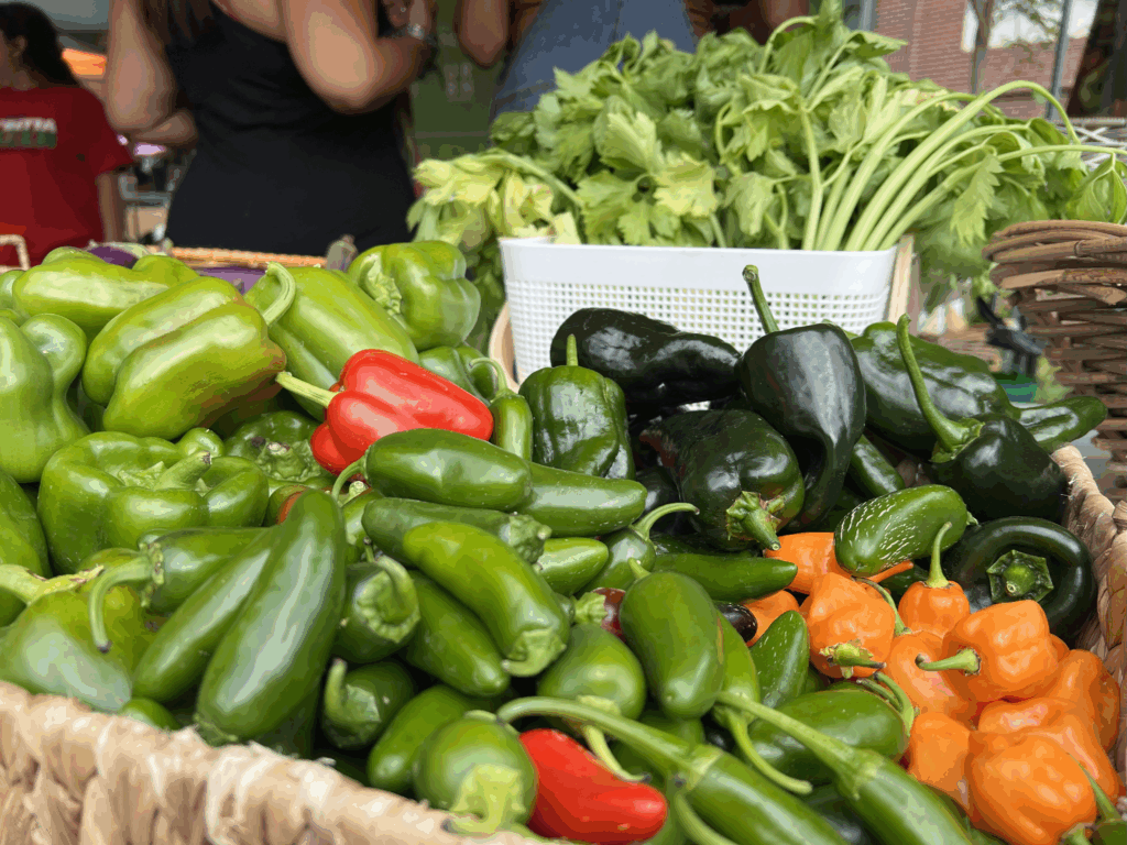 A variety of Colorado-grown produce in a basket at a free farmers market